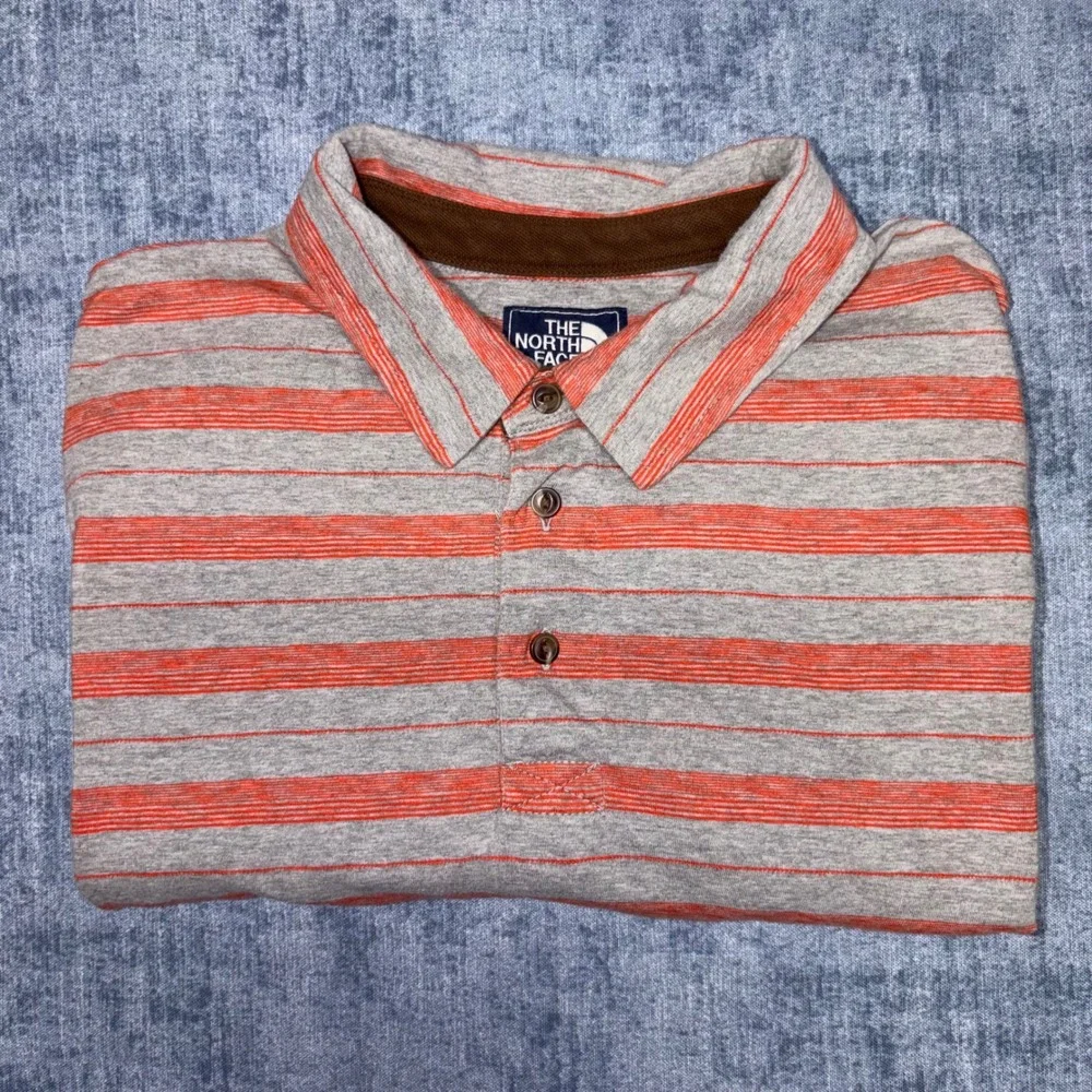 The North Face Mens Large Polo Shirt Grey Orange Striped Short Sleeve Cotton L